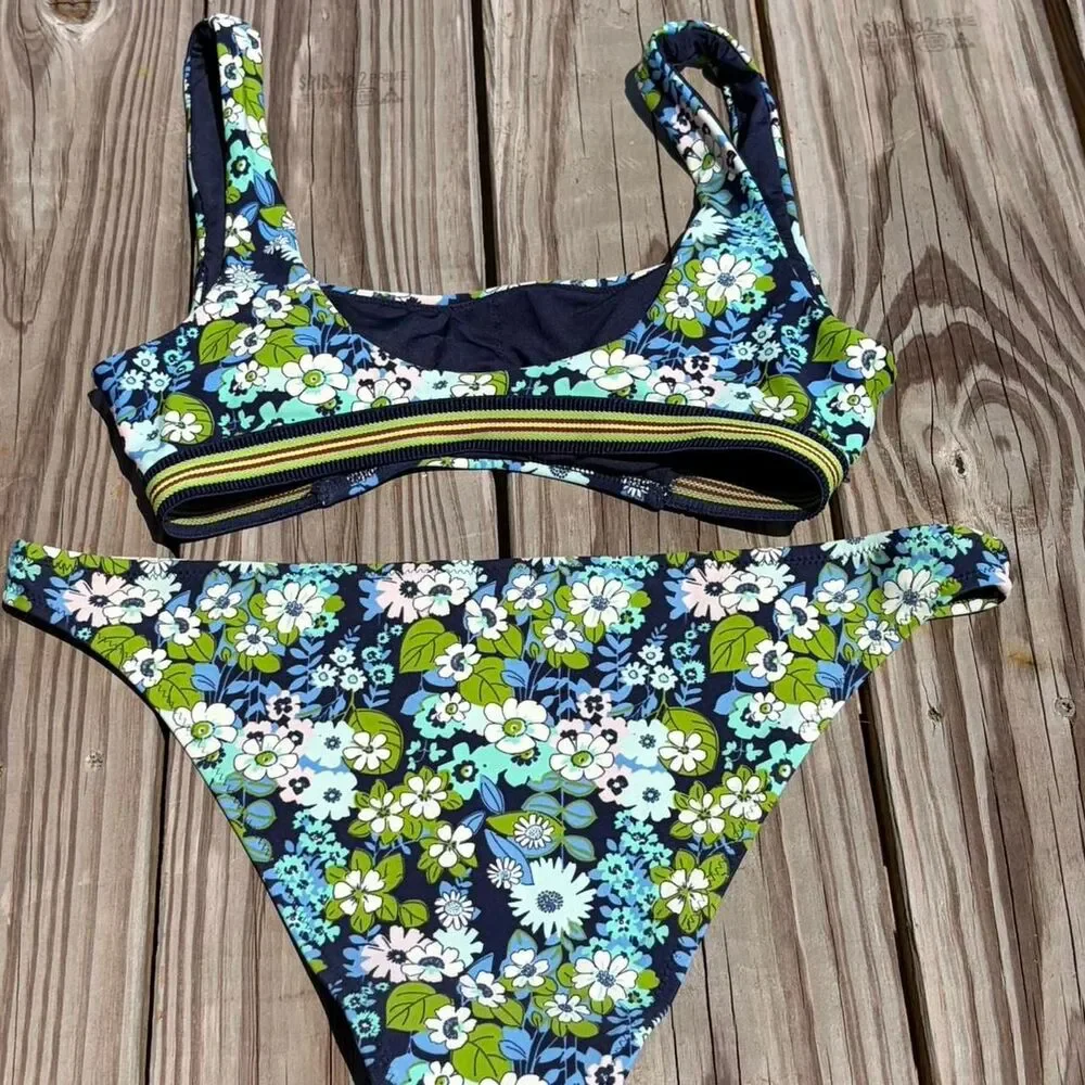 Aerie Blue All Over Floral Print Bikini Set, size M/L